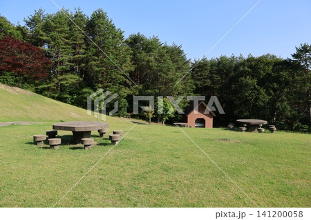 狼野長根公園 草原にある石のイスとテーブル 狼野長根公園 草原にある石のイスとテーブル 141200058