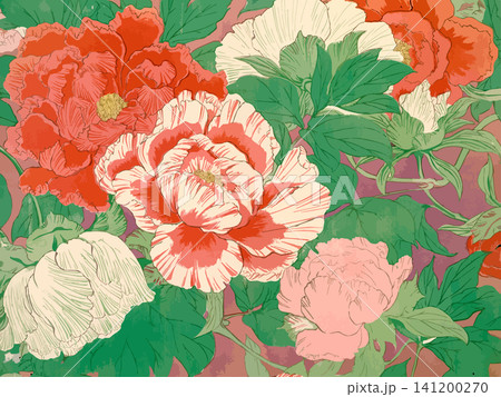百花の王と称される大輪の牡丹の和柄千代紙素材 百花の王と称される大輪の牡丹の和柄千代紙素材 141200270
