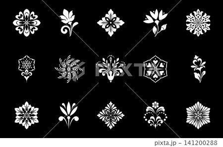 Geometric floral set of seamless patterns. White and black vector backgrounds. Damask graphic ornaments. Geometric floral set of seamless patterns. White and black vector backgrounds. Damask graphic ornaments. 141200288