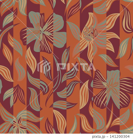Striped Botanical Floral textile pattern design in orange and maroon for fashion and home textiles 141200304