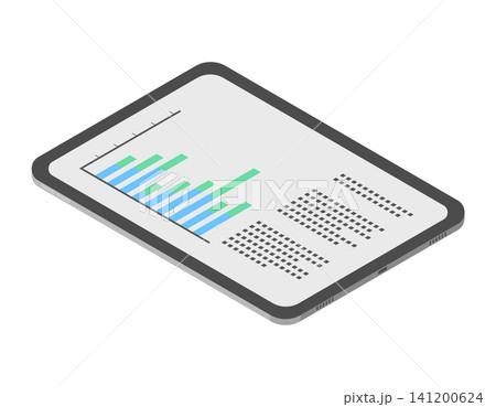 画面に売上データや棒グラフが表示されたタブレットのアイソメトリックイラスト 画面に売上データや棒グラフが表示されたタブレットのアイソメトリックイラスト 141200624