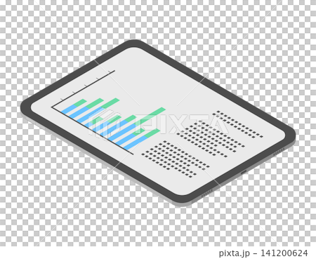 画面に売上データや棒グラフが表示されたタブレットのアイソメトリックイラスト 画面に売上データや棒グラフが表示されたタブレットのアイソメトリックイラスト 141200624