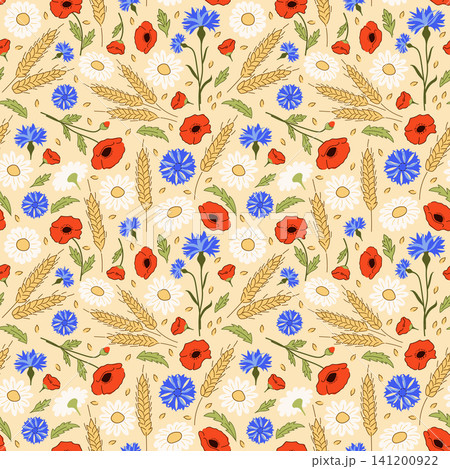 Wildflowers seamless pattern flat vector illustration with red poppies, blue cornflowers, chamomile and wheat ears, cozy summer blossom background for commercial packaging and fabric design 141200922