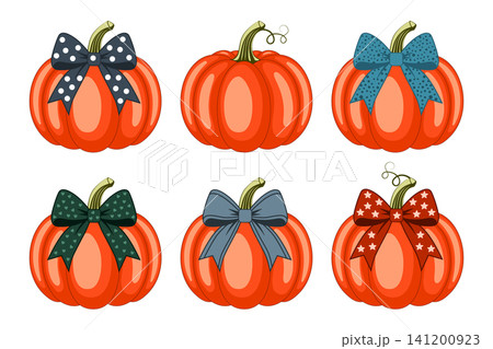 Cozy autumn pumpkin vector illustration set with colorful decorative bows, cute orange holiday squashes isolated collection for Halloween and Thanksgiving graphic design and branding 141200923