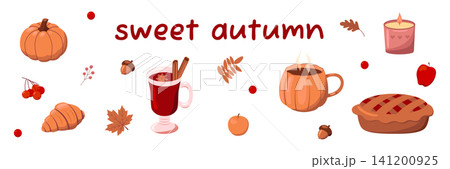 Cozy autumn vector illustration set with text sweet autumn, warm mulled wine, pumpkin mug, apple pie, cinnamon, falling leaves and candle for seasonal holiday design and cozy branding 141200925