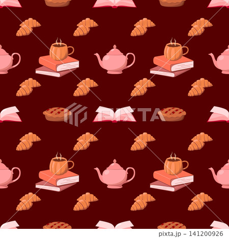 Cute hand drawn fall tea time seamless pattern on dark background, colorful repeat texture with hot drinks, baking pastry and reading books for seasonal textile and packaging design Cute hand drawn fall tea time seamless pattern on dark background, colorful repeat texture with hot drinks, baking pastry and reading books for seasonal textile and packaging design 141200926
