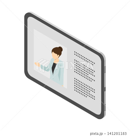 ビジネスパーソンの紹介やオンライン授業画面が表示されたタブレットのイラスト 141201183