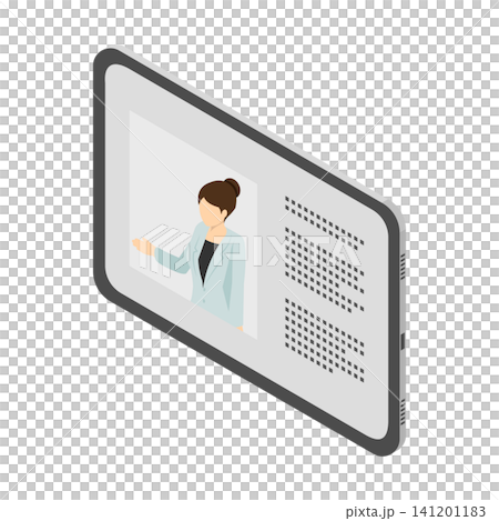 ビジネスパーソンの紹介やオンライン授業画面が表示されたタブレットのイラスト 141201183