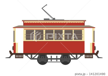 函館市電をイメージした、おもちゃ風のレトロな赤い路面電車のイラスト 函館市電をイメージした、おもちゃ風のレトロな赤い路面電車のイラスト 141201490