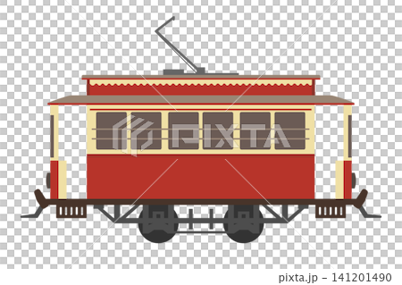 函館市電をイメージした、おもちゃ風のレトロな赤い路面電車のイラスト 函館市電をイメージした、おもちゃ風のレトロな赤い路面電車のイラスト 141201490