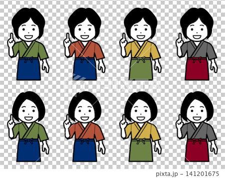 [Different hairstyle] [Different color] Icon of a woman in a samue (traditional Japanese work clothing) and apron striking a number one pose. 141201675