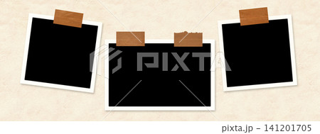 Three photo frame with adhesive tape pieces on stucco wall of beige color. Pictures album grid for scrapbooking. Vintage style mood board layout. Copy space for your text and photo Three photo frame with adhesive tape pieces on stucco wall of beige color. Pictures album grid for scrapbooking. Vintage style mood board layout. Copy space for your text and photo 141201705