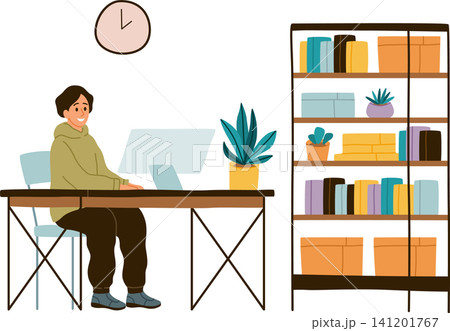 Person working at desk. Home office workspace with computer, freelance man, remote work, productivity, study and organized workspace in modern interior. Vector cartoon isolated illustration 141201767