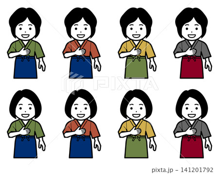 [髪型違い] [色違い] 胸に手を当てる作務衣に前掛けの女性のアイコン 141201792