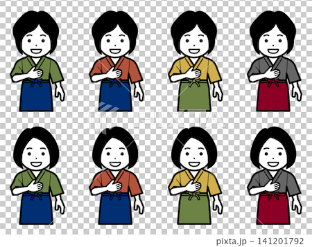 [髪型違い] [色違い] 胸に手を当てる作務衣に前掛けの女性のアイコン 141201792