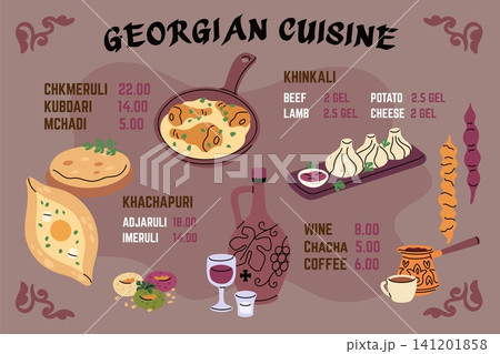 Georgian cuisine restaurant menu. Traditional food and drinks, hand drawn national dishes, khachapuri, khinkali, wine, chacha, gastronomy cuisine garish vector cartoon isolated concept Georgian cuisine restaurant menu. Traditional food and drinks, hand drawn national dishes, khachapuri, khinkali, wine, chacha, gastronomy cuisine garish vector cartoon isolated concept 141201858
