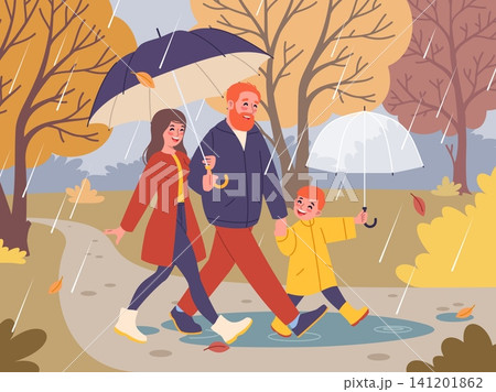 Happy family walking under umbrella in autumn rain. Cozy rainy day lifestyle, parents and child enjoying outdoor walk, weather protection clothes seasonal nature classy vector cartoon concept Happy family walking under umbrella in autumn rain. Cozy rainy day lifestyle, parents and child enjoying outdoor walk, weather protection clothes seasonal nature classy vector cartoon concept 141201862