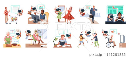 People use ai assistants in everyday life. Friendly robot companion helps with cooking, shopping, elderly care, smart home, men and women use technologies tidy vector cartoon isolated set 141201883