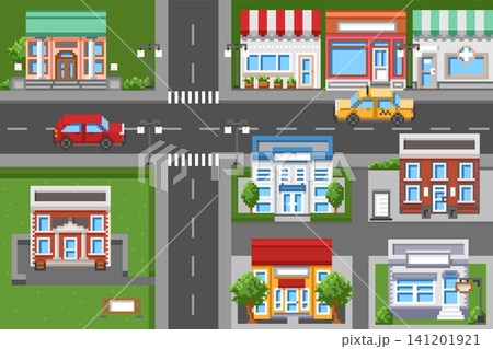 Pixel art street map with buildings. Roadway with transport, urban crossroads, top view, city 8 bit landscape with roads, crosswalks and streetlights, qualitative vector cartoon flat concept Pixel art street map with buildings. Roadway with transport, urban crossroads, top view, city 8 bit landscape with roads, crosswalks and streetlights, qualitative vector cartoon flat concept 141201921