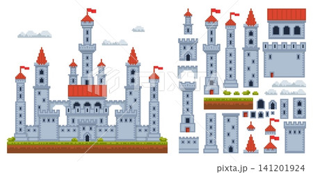 Pixel fantasy castle constructor. Medieval towers, walls and fortress assets for platformer, rpg game design, 8 bit towers, walls, gates, roofs and flags, qualitative vector cartoon flat set Pixel fantasy castle constructor. Medieval towers, walls and fortress assets for platformer, rpg game design, 8 bit towers, walls, gates, roofs and flags, qualitative vector cartoon flat set 141201924