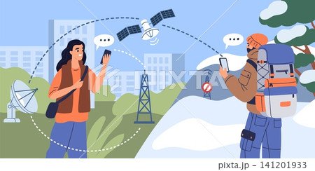 Satellites in everyday life. Travelers using mobile connection in remote areas, global network, wireless gps signal connecting city and mountains, garish vector cartoon isolated concept Satellites in everyday life. Travelers using mobile connection in remote areas, global network, wireless gps signal connecting city and mountains, garish vector cartoon isolated concept 141201933