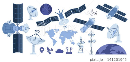 Space communication technology. Satellites, radar antennas, global network and wireless signal icons, modern aerospace, telecommunications infrastructure garish vector cartoon isolated set Space communication technology. Satellites, radar antennas, global network and wireless signal icons, modern aerospace, telecommunications infrastructure garish vector cartoon isolated set 141201943
