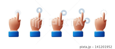 Touchscreen interaction with 3d hand. Mobil phone screen control, navigation arrows, tap gesture, swipe finger, press, user interaction on modern devices, classy vector cartoon render set Touchscreen interaction with 3d hand. Mobil phone screen control, navigation arrows, tap gesture, swipe finger, press, user interaction on modern devices, classy vector cartoon render set 141201952