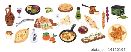 Traditional georgian cuisine. Tasty khinkali, khachapuri, sweet churchkhela, wine, sauces and authentic national food, assorted oriental dishes, decorative stickers garish vector cartoon set Traditional georgian cuisine. Tasty khinkali, khachapuri, sweet churchkhela, wine, sauces and authentic national food, assorted oriental dishes, decorative stickers garish vector cartoon set 141201954