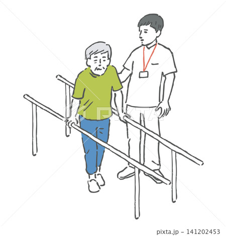 歩行訓練をするシニア男性の手描きイラスト 歩行訓練をするシニア男性の手描きイラスト 141202453
