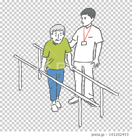 歩行訓練をするシニア男性の手描きイラスト 歩行訓練をするシニア男性の手描きイラスト 141202453