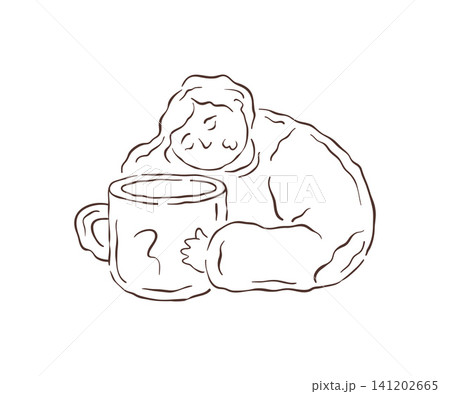 A Sleepy Girl With Long Hair Hugging A Huge Mug Of Hot Drink Vector Illustration 141202665