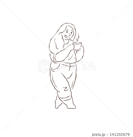 A Full Length Woman With Long Hair Holding A Steaming Cup Vector Illustration A Full Length Woman With Long Hair Holding A Steaming Cup Vector Illustration 141202679
