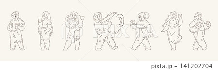 Happy Plus Size People With Coffee Cups Hand Drawn Doodle Vector Illustration 141202704