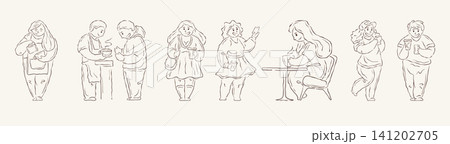 Coffee Shop Life With Diverse Plus Size Characters Hand Drawn Vector Illustration 141202705