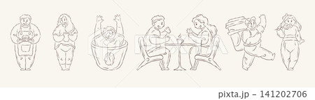 Funny And Whimsical Plus Size People Coffee Themed Doodle Vector Illustration 141202706