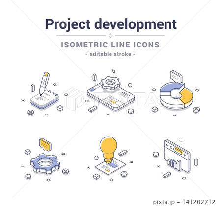 Project development business analyzing line icon set isometric contoured vector illustration Project development business analyzing line icon set isometric contoured vector illustration 141202712