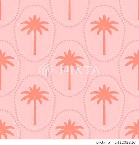 Palm trees vector seamless pattern illustration. Tonal coral palm silhouettes on pink background. Tropical coastal summer repeat tile in minimal block print style for fabric, wallpaper, print Palm trees vector seamless pattern illustration. Tonal coral palm silhouettes on pink background. Tropical coastal summer repeat tile in minimal block print style for fabric, wallpaper, print 141202816
