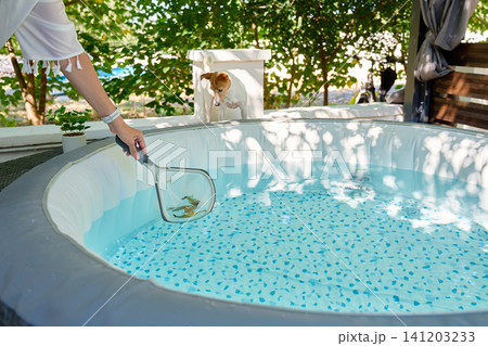 Person cleaning inflatable pool with net 141203233