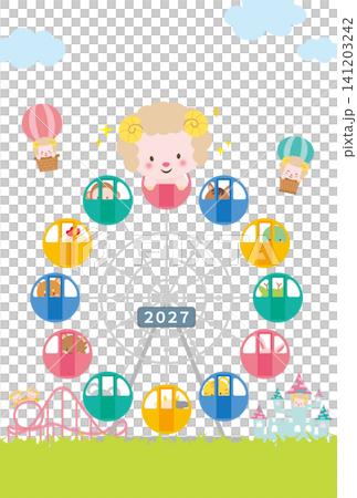 【2027・未年】観覧車に乗った干支の動物たちの年賀状（干支文字なし） 141203242