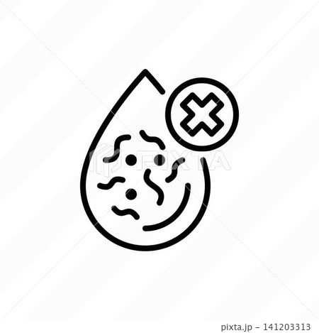 Polluted water, water drop with bacterias and cross mark. Thin line icon. Contaminated water. Vector illustration. Polluted water, water drop with bacterias and cross mark. Thin line icon. Contaminated water. Vector illustration. 141203313