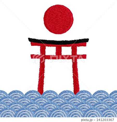 【鳥居と太陽と青海波の素材】手刺繍イラスト素材 141203367