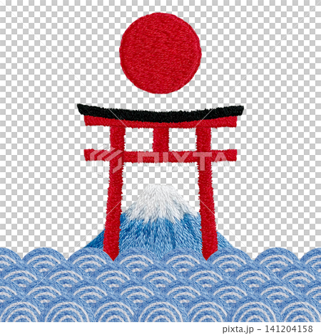 【包含鳥居、太陽、波浪紋和富士山圖案的素材】手工刺繡插畫素材 【包含鳥居、太陽、波浪紋和富士山圖案的素材】手工刺繡插畫素材 141204158