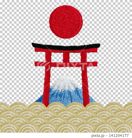 【包含鳥居、太陽、波浪紋和富士山圖案的素材】手工刺繡插畫素材 【包含鳥居、太陽、波浪紋和富士山圖案的素材】手工刺繡插畫素材 141204177