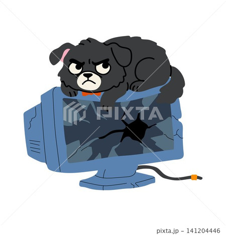Angry Dog Resting on Cracked Screen Cartoon Angry Dog Resting on Cracked Screen Cartoon 141204446