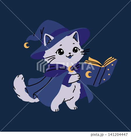Cute Wizard Cat Reading Magic Book Illustration Cute Wizard Cat Reading Magic Book Illustration 141204447