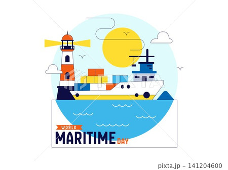 World Maritime Day Vector Illustration Featuring Cargo Ship, Lighthouse, Marine Navigation, Ocean Transportation, Global Shipping, and Seaport World Maritime Day Vector Illustration Featuring Cargo Ship, Lighthouse, Marine Navigation, Ocean Transportation, Global Shipping, and Seaport 141204600