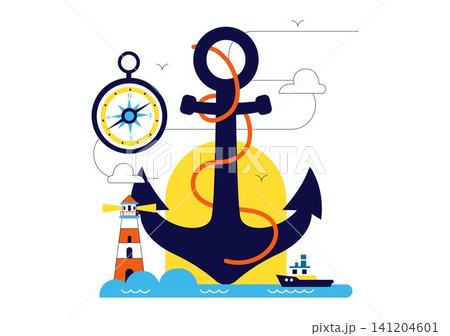 World Maritime Day Vector Illustration Featuring Cargo Ship, Lighthouse, Marine Navigation, Ocean Transportation, Global Shipping, and Seaport World Maritime Day Vector Illustration Featuring Cargo Ship, Lighthouse, Marine Navigation, Ocean Transportation, Global Shipping, and Seaport 141204601