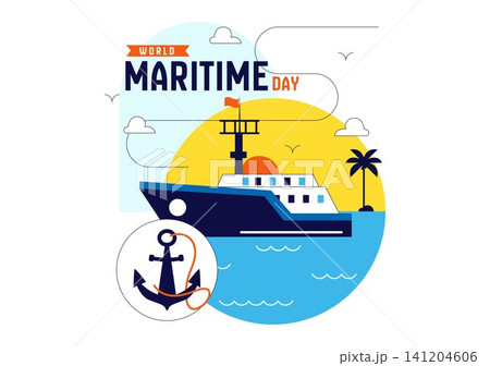 World Maritime Day Vector Illustration Featuring Cargo Ship, Lighthouse, Marine Navigation, Ocean Transportation, Global Shipping, and Seaport World Maritime Day Vector Illustration Featuring Cargo Ship, Lighthouse, Marine Navigation, Ocean Transportation, Global Shipping, and Seaport 141204606