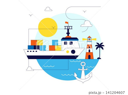 World Maritime Day Vector Illustration Featuring Cargo Ship, Lighthouse, Marine Navigation, Ocean Transportation, Global Shipping, and Seaport World Maritime Day Vector Illustration Featuring Cargo Ship, Lighthouse, Marine Navigation, Ocean Transportation, Global Shipping, and Seaport 141204607