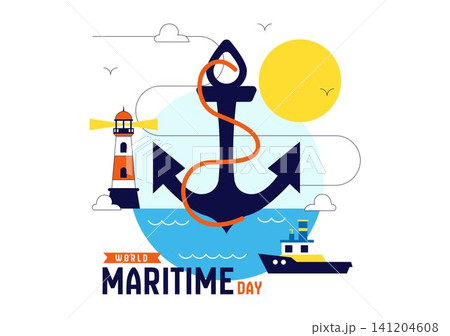World Maritime Day Vector Illustration Featuring Cargo Ship, Lighthouse, Marine Navigation, Ocean Transportation, Global Shipping, and Seaport World Maritime Day Vector Illustration Featuring Cargo Ship, Lighthouse, Marine Navigation, Ocean Transportation, Global Shipping, and Seaport 141204608